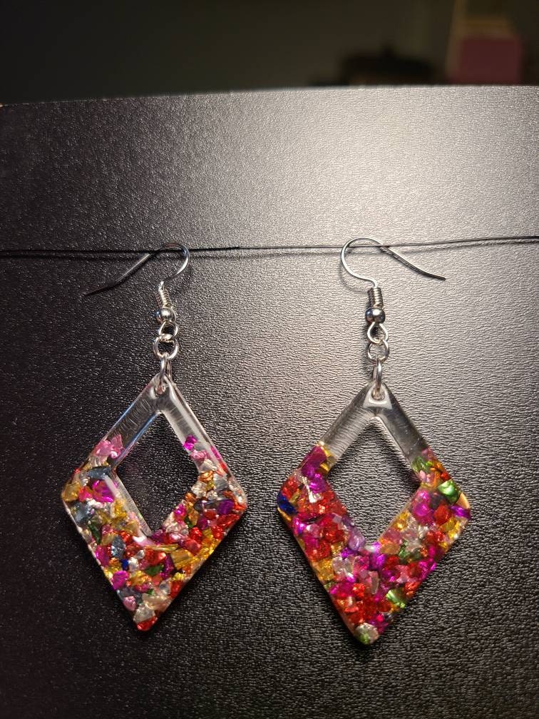 UV Resin and Crushed Glass drop earrings Etsy