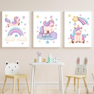 Impresión personalizada de unicornio arcoíris pastel, decoración de habitación con unicornio, impresión de dormitorio con unicornio arcoíris, impresión con nombre de niña, decoración infantil pastel