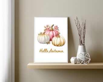 Hola impresión de calabaza de otoño, decoración del hogar de otoño, calabazas Glam, calabazas de acuarela, arte de pared de otoño, arte de pared de otoño, descarga digital