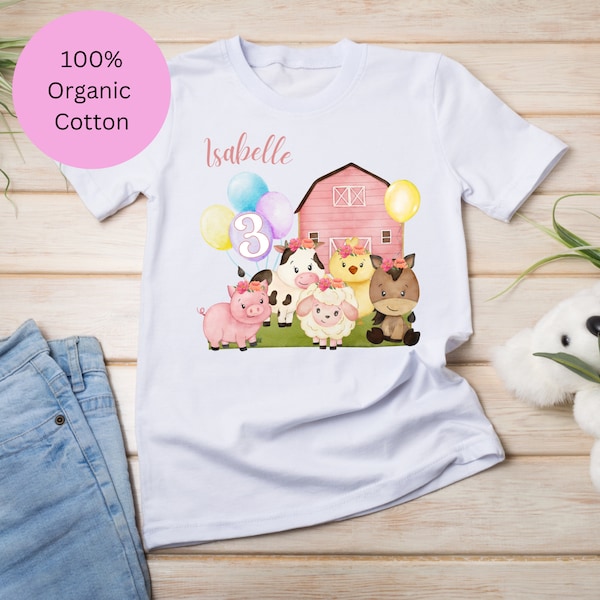 Personalised Farm Animal Birthday T-shirt, Toddler Girls Birthday T-shirt, Barnyard Animal Tshirt, Organic Cotton