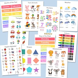 Conjunto de 10 carteles educativos para niños pequeños, aprendizaje temprano, educación para niños, cartel ABC, aprendizaje en el hogar para niños pequeños, decoración de la sala de juegos