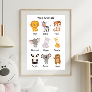 Cartel de aprendizaje para niños pequeños, cartel de animales salvajes, cartel educativo, decoración de la habitación para niños pequeños, impresión preescolar, imprimible Montessori, impresión de sala de juegos