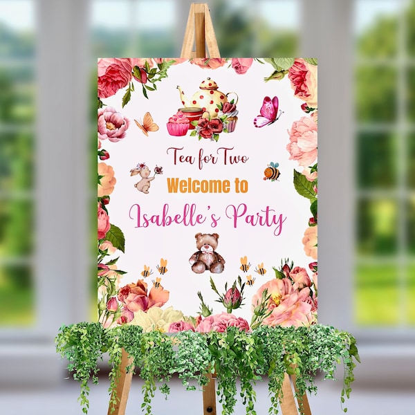 Personalised Tea for Two Birthday Party Welcome Sign, Floral Birthday Welcome Poster, 2nd Birthday Party Decorations, Tea Party Decorations