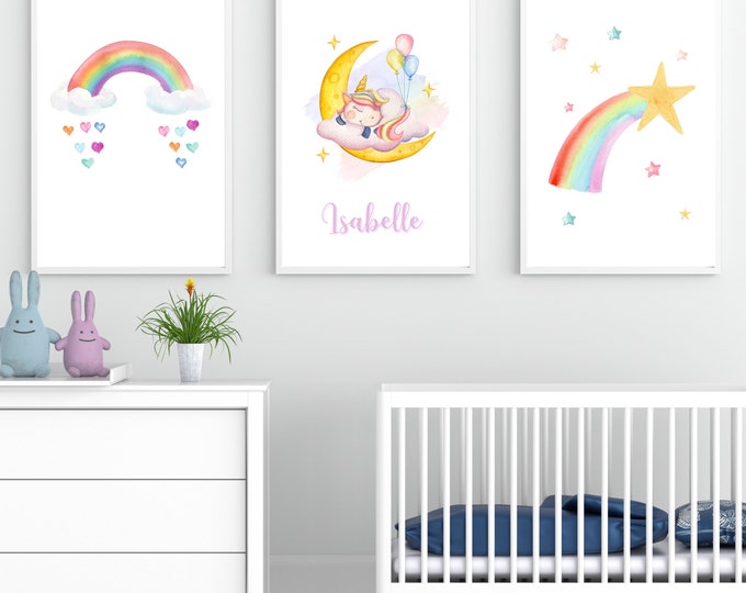 Personalised Rainbow Unicorn Prints, Unicorn Art, Unicorn Print, Unicorn Wall Art, Girls Name Print, Rainbow Personalised Wall Art,