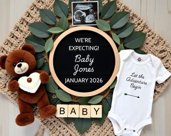 Anuncio de embarazo "Que comience la aventura" / Plantilla editable de Canva / Revelación digital del bebé con marco de ecografía