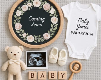Próximamente bebé - Anuncio de embarazo / Plantilla editable de Canva / Revelación digital del bebé con marco de ecografía