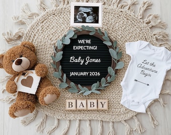 Anuncio de embarazo de bebé en camino / Plantilla editable de Canva / Revelación digital de bebé con marco de ecografía