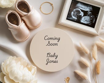 Anuncio de embarazo: Marco de ecografía editable "Próximamente" (plantilla de Canva)