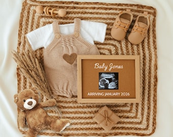 Anuncio de embarazo / Plantilla editable de Canva / Revelación digital del bebé con marco de ecografía