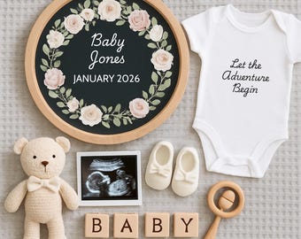 Que comience la aventura - Anuncio de bebé / Plantilla editable de Canva / Revelación digital del bebé con marco de ecografía