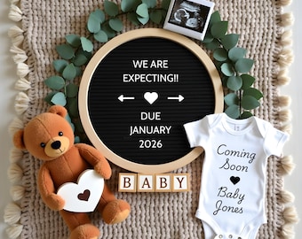 Anuncio de embarazo / Plantilla editable de Canva / Revelación digital del bebé con marco de ecografía