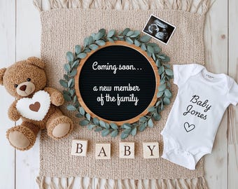 Anuncio de embarazo próximo / Plantilla editable de Canva / Revelación digital del bebé con marco de ecografía