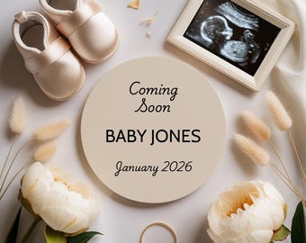 Bebé próximamente – Anuncio de embarazo | Plantilla editable en Canva | Revelación digital del bebé con marco para ecografía