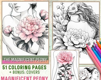 Páginas para colorear de flores de peonía para adultos y niñas. Dibujos florales botánicos para colorear para relajarse. Formato PDF imprimible en escala de grises A4 y 8,5 x 11 pulgadas.