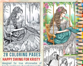 Printable Coloring Pages Happy Swing with beautiful people | Grayscale Coloring Book for Adults and Kids | 28 designs PDF | A4 and 8.5″x11″