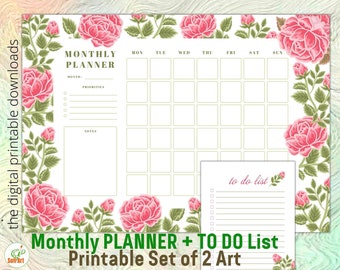 Printable Monthly Planner and To Do List, Set of 2 Roses Floral Decoration, Instant Download Organizer, Organization blank, Beautiful Gift