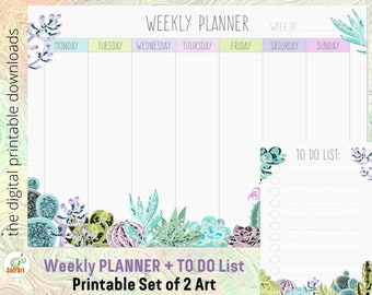 Printable Weekly Planner and To Do List | Set of 2 Floral Cactus Décor Organizer | Scalable Size 16.5&quot;x11.7&quot;, A3 to A4 | Instant Download