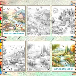K&ouml;nnte beinhalten: Sechs Schwarzwei&szlig;illustrationen von Farmszenen. Jedes Bild zeigt ein Bauernhaus, einen Fluss und eine Vielzahl von Tieren. Der Text "Happy and Serene Farm Life" erscheint am unteren Rand von zwei der Bilder.
