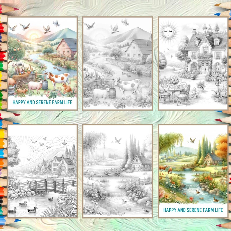 K&ouml;nnte beinhalten: Sechs Schwarzwei&szlig;illustrationen von Farmszenen. Jedes Bild zeigt ein Bauernhaus, einen Fluss und eine Vielzahl von Tieren. Der Text "Happy and Serene Farm Life" erscheint am unteren Rand von zwei der Bilder.