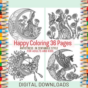 tatouage, chauffage au bois, pages de livres à colorier | Style enchevêtrement zen | mandala, papillon, animaux, fleurs, lotus, oiseaux, hibou | Téléchargement numérique PDF