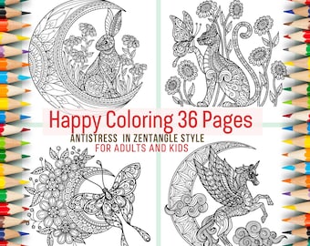 Tattoo, Wood Burning, Coloring Book Pages | Zen tangle style | Mandala, Butterfly, Animals, Flowers, Lotus, Bird, Owl | Digital Download PDF