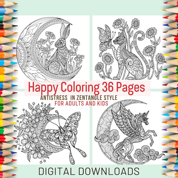 Tattoo, Wood Burning, Coloring Book Pages | Zen tangle style | Mandala, Butterfly, Animals, Flowers, Lotus, Bird, Owl | Digital Download PDF