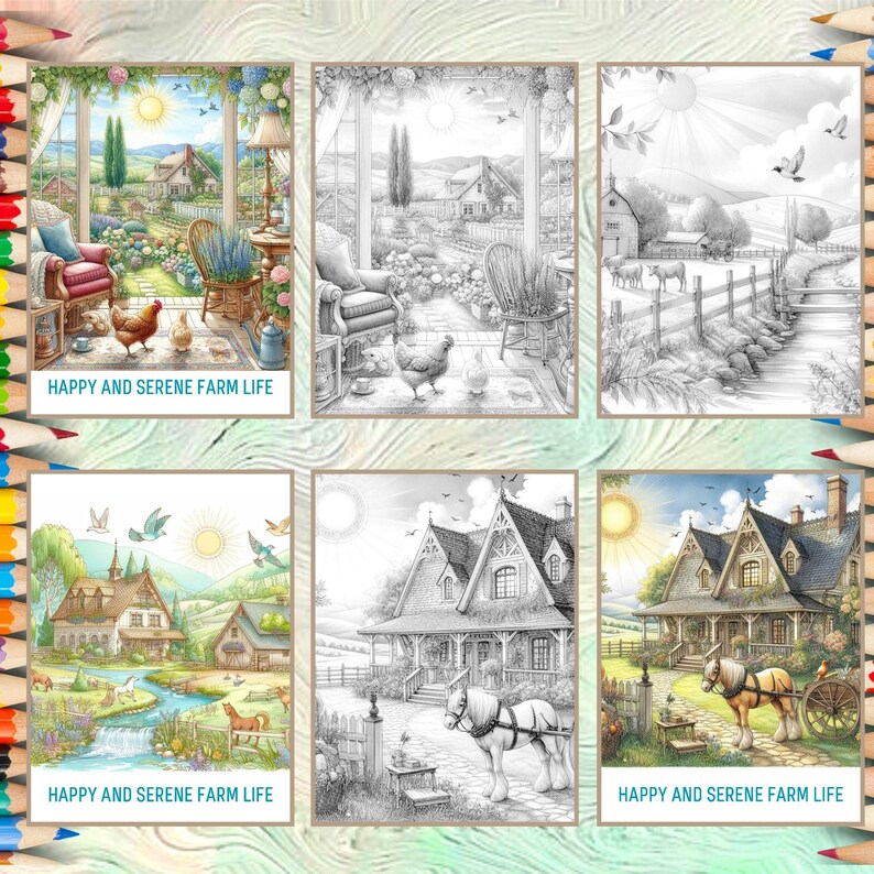 K&ouml;nnte beinhalten: Eine Collage aus sechs Bildern, die ein ruhiges Farmleben darstellen. Die Bilder zeigen ein Bauernhaus, eine Scheune, eine Pferdekutsche, einen Bach und einen Garten. Die Bilder sind sowohl in Farbe als auch in Schwarzwei&szlig;.