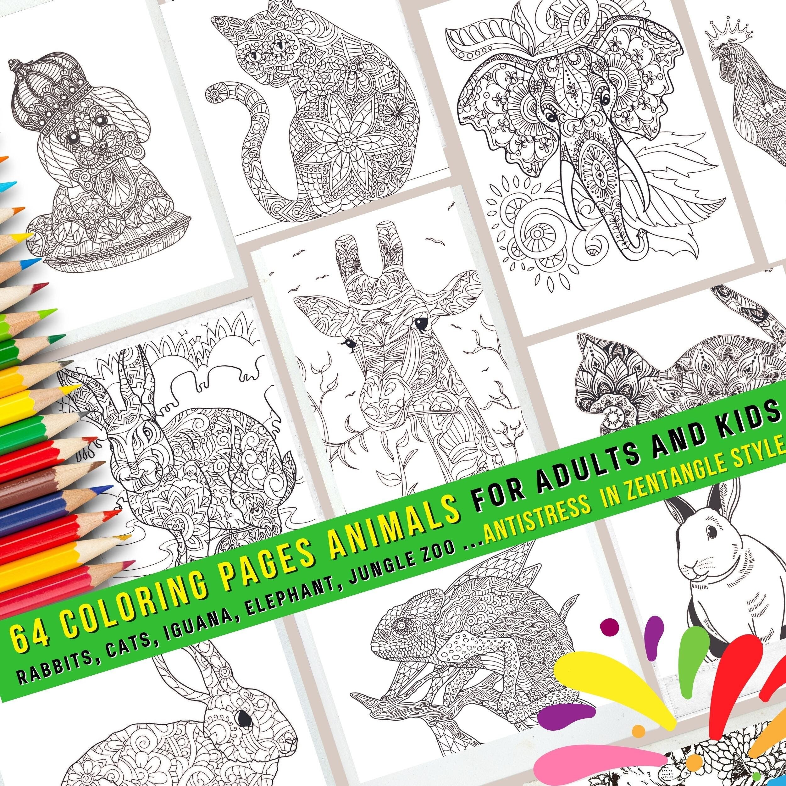 Animals Coloring Book Pages for Adults and Kids Zen Tangle - Etsy