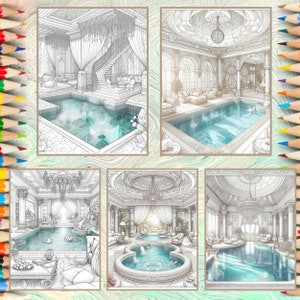 Set Dream Pool in a Luxury Interior Coloring Page Book | Grayscale ...