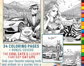 Cats Coloring Book, Fantasy Coloring Pages, Coloring for Adults and Kids | Stress Relief and Relax | Grayscale Printable PDF A4 and 8.5″x11″