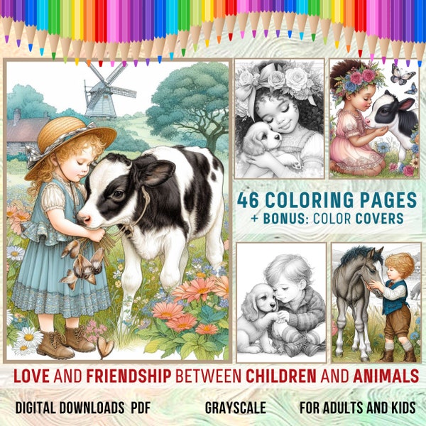 Coloring Book Pages for Mental Health | Cute Kids and Animals | Children and Pet | Puppy, Kitten, Cow, Duck, Bunny | Grayscale Printable PDF