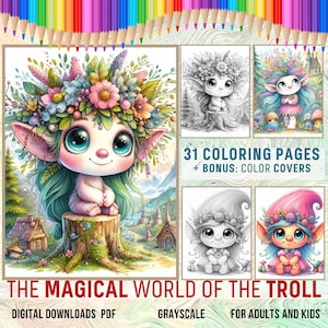 Troll Coloring Page Book, The Magical World of the Troll Fantasy Coloring Book, Adult Coloring Book, Grayscale Coloring Pages, Printable PDF