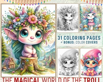 Troll Coloring Page Book, The Magical World of the Troll Fantasy Coloring Book, Adult Coloring Book, Grayscale Coloring Pages, Printable PDF