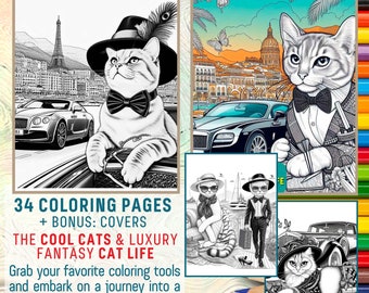 Cats Coloring Book, Fantasy Coloring Pages, Coloring for Adults and Kids | Stress Relief and Relax | Grayscale Printable PDF A4 and 8.5″x11″