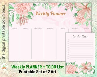 Printable Weekly Planner and To Do List, Scalable Size 16.5&quot;x11.7&quot;, A3 to A4, A5, Set of 2 Watercolor Floral Decoration, Instant Download