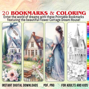 Lesezeichen zum ausdrucken & ausmalen | Lesezeichen Blume Cottage Traumhaus | Druckbare PDF- und 2 ZIP-Dateien mit PNG-Dateien | Sofort Download