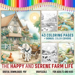 Coloring Book Pages &quot;Happy Farm&quot; Animals, Birds, Windmill Wind Spinner, River, Bridges, Harmony | instant Download | Grayscale Printable PDF