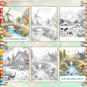 K&ouml;nnte beinhalten: Eine Schwarzwei&szlig;-Malvorlage mit einer ruhigen Farmszene mit einer Windm&uuml;hle, einer Br&uuml;cke &uuml;ber einen Bach, Bauernh&auml;usern und Tieren. Der Text "Happy and Serene Farm Life" steht am unteren Rand der Seite.