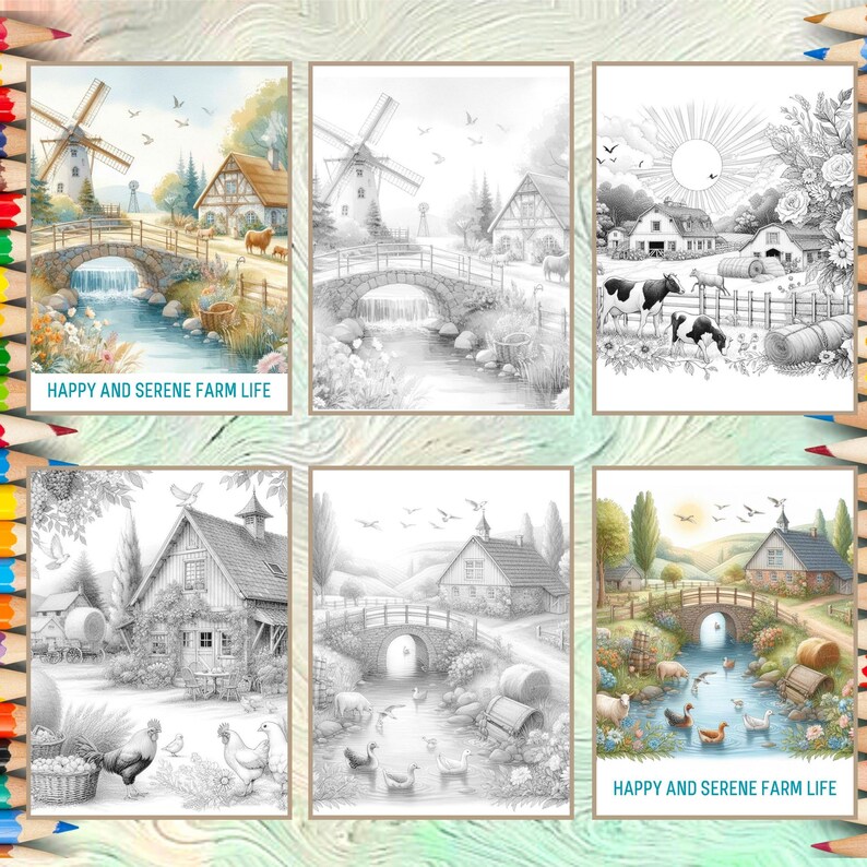 K&ouml;nnte beinhalten: Eine Schwarzwei&szlig;-Malvorlage mit einer ruhigen Farmszene mit einer Windm&uuml;hle, einer Br&uuml;cke &uuml;ber einen Bach, Bauernh&auml;usern und Tieren. Der Text "Happy and Serene Farm Life" steht am unteren Rand der Seite.