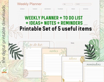 Printable Weekly Planner, To Do List / Ideas / Notes / Reminders, Scalable Size A3 to A4, A5, Set of 5 Tropical Design, Instant Download