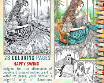 Printable Coloring Pages Happy Swing with beautiful people | Grayscale Coloring Book for Adults and Kids | 28 designs PDF | A4 and 8.5″x11″