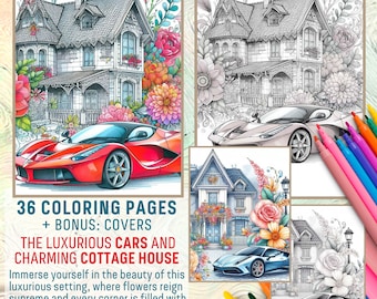 Coloring Book Pages of beautiful Cars with Floral Cottage House in Luxury Style for Adults, Kids | Grayscale Printable PDF A4 and 8.5″ x 11″