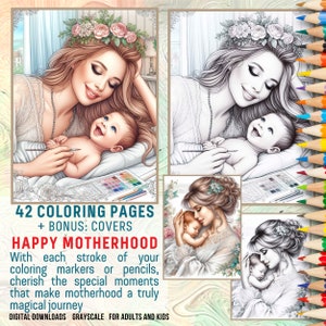 Motherhood Coloring Book Pages for Mother&#39;s Day | Coloring Mother and Cute Baby Child | Grayscale Printable PDF A4 and 8.5″x11″ for Adults