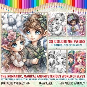 Romantyczne kolorowanki fantasy elfów | Kolorowanki dla dorosłych i dzieci z bajkowymi elfami | Pobierz plik PDF do wydrukowania | Ulga w stresie i relaks