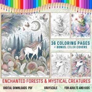 May include: A digital download coloring book featuring 36 grayscale coloring pages of enchanted forests and mystical creatures, including unicorns, fairies, and butterflies. The cover features a unicorn in a forest setting with a crescent moon and stars.  The text "36 Coloring Pages + Bonus: Color Covers" and "Enchanted Forests & Mystical Creatures" is included in the image.