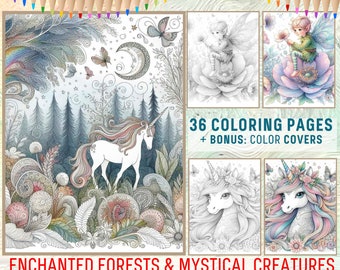 Fairy Futuristic Coloring Book Pages with Enchanted Forests and Mystical Creatures: Unicorns, Fairies, Tale Elves, Fantasy Animal | PDF file