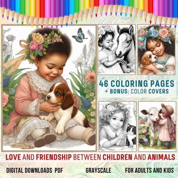 Kids and Cute Animals Coloring Pages | Greyscale Coloring Book with Children and Pets | Coloring for Adult and Kid | Grayscale Printable PDF