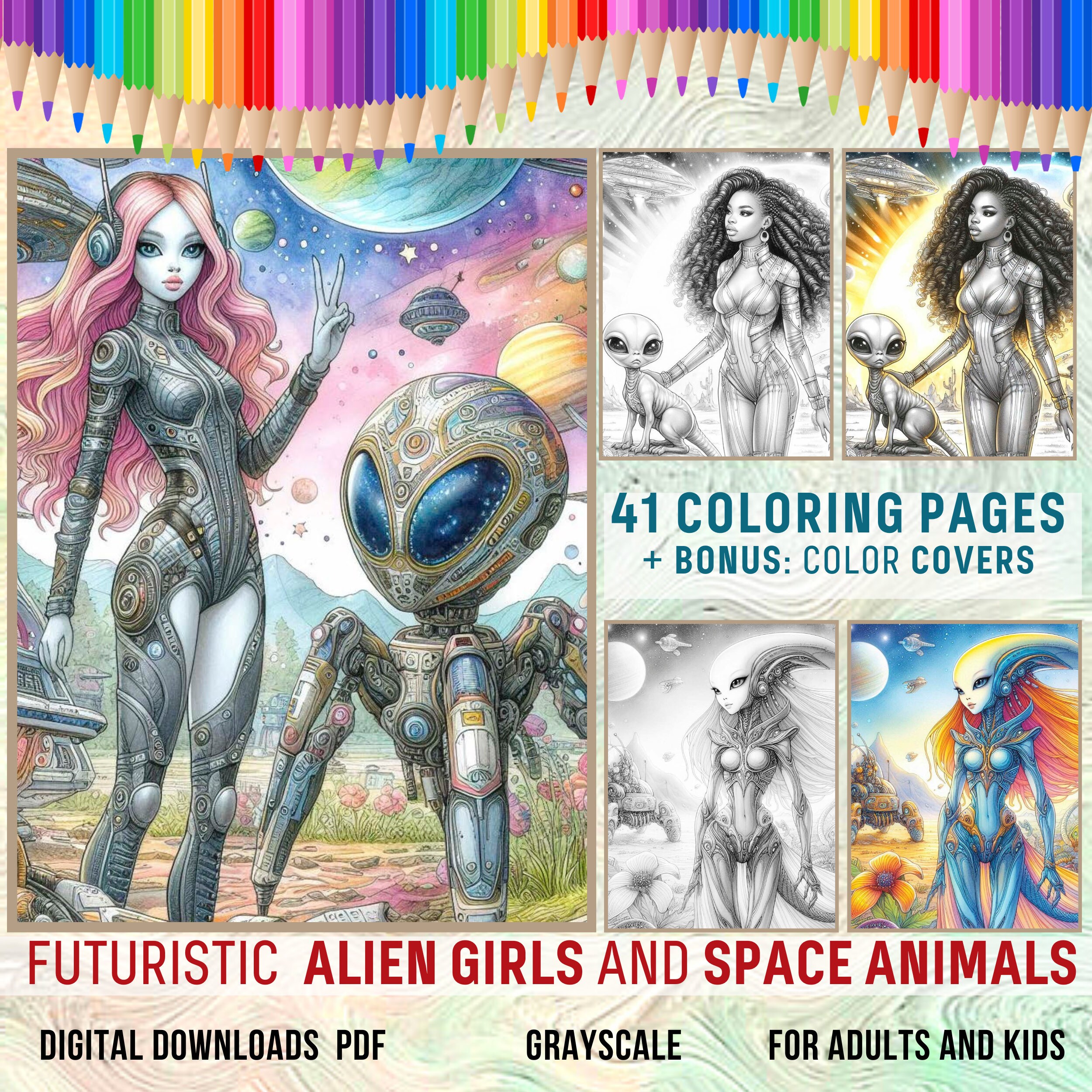Alien Girls Coloring Book Pages | Fantasy Futuristic, Space Animals and Plants | Grayscale Coloring Pages | Instant Download | Printable PDF