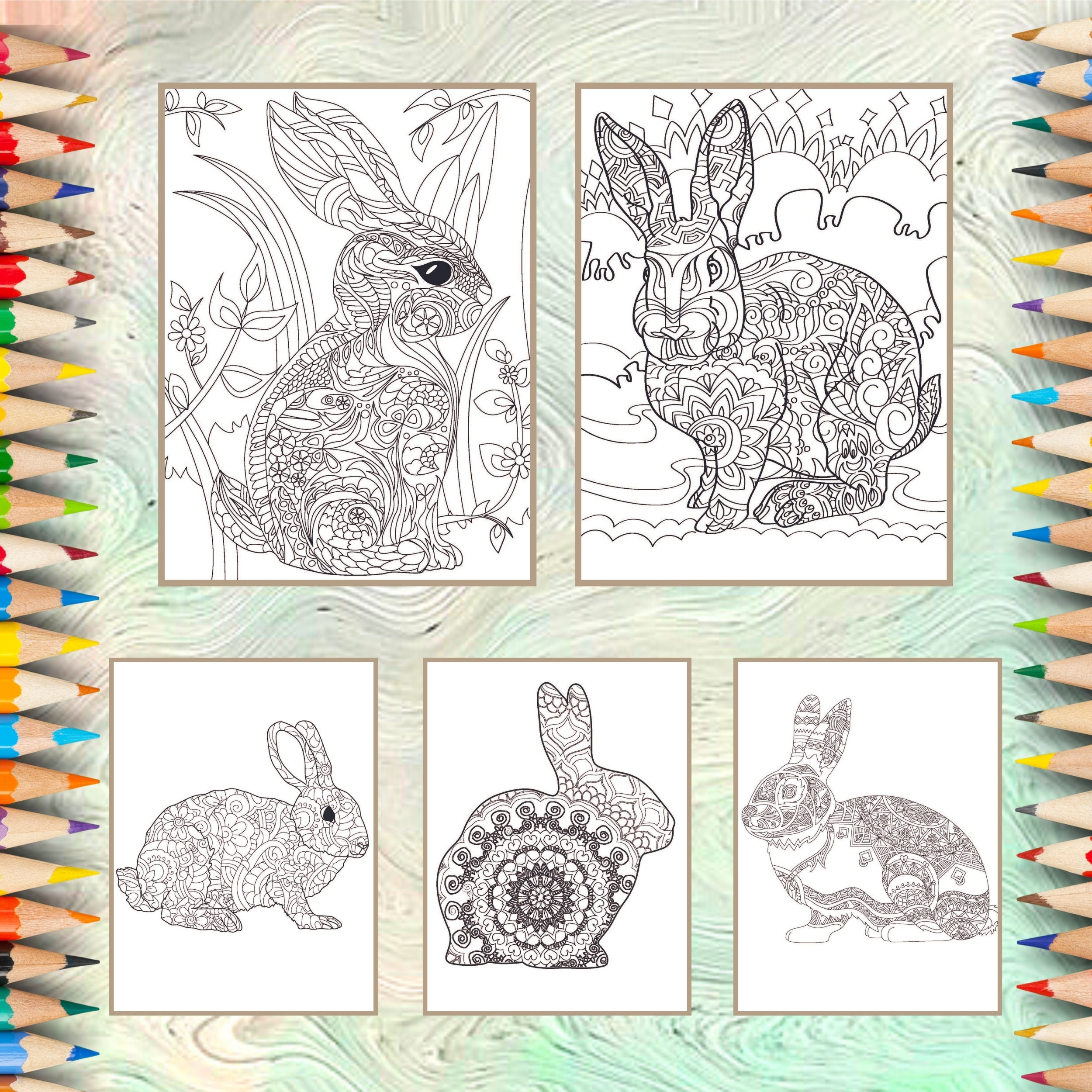 Animals Coloring Book Pages for Adults and Kids | Zen Tangle Rabbit ...