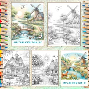 K&ouml;nnte beinhalten: Ein Satz von vier Malvorlagen mit einem charmanten Bauernhaus mit Windm&uuml;hle, einer Br&uuml;cke &uuml;ber einen Bach und einer Vielzahl weiterer Details. Die Seiten sind perfekt f&uuml;r Erwachsene und Kinder, die gerne ausmalen.